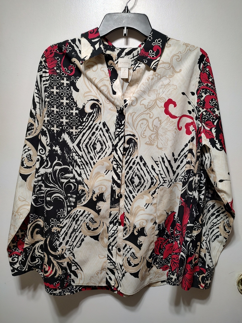 Chico's Black, Cream & Red Patterned Button-Down Shirt